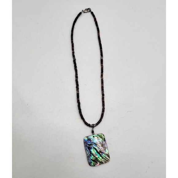 Shell Heishi Beaded Necklace with Rectangle Abalone Pendant 925 Clasp Beachy - Picture 3 of 10